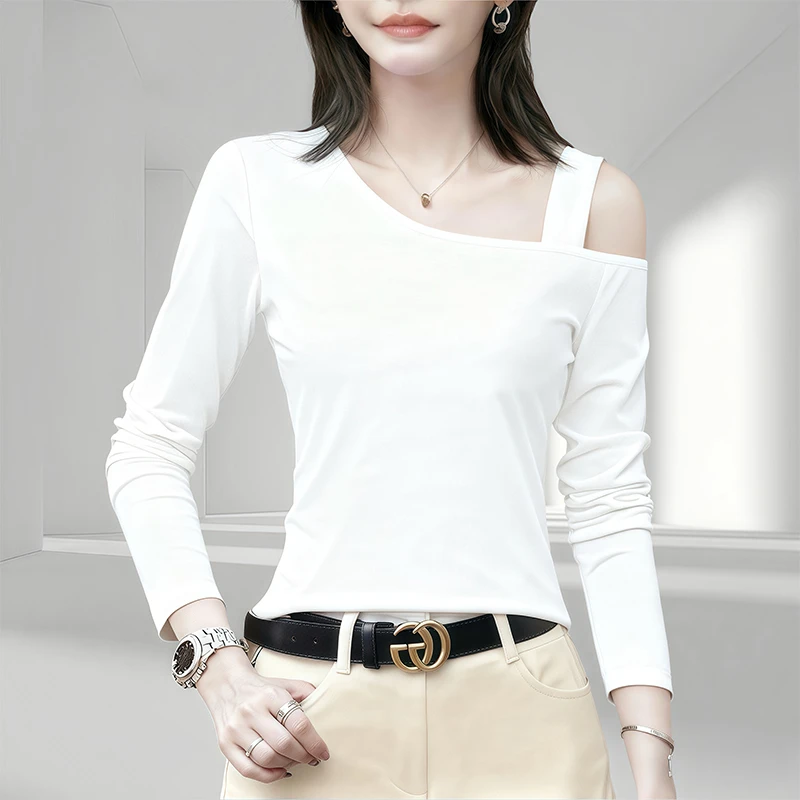 打底衫女2025秋冬新款韩系设计感小众斜领露肩内搭上衣长袖T恤潮