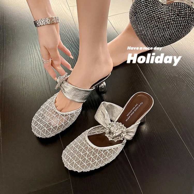 917/断码不加单/小众设计师款/网纱后空高跟凉鞋拖鞋