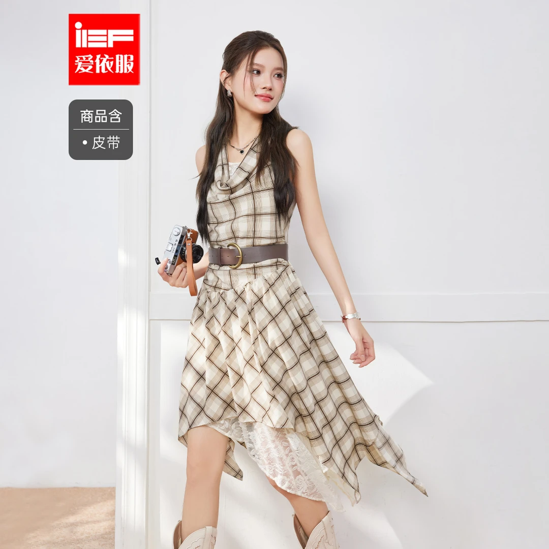IEF/爱依服新款夏季辣妹修身性感挂脖复古格子连衣裙梭织背心裙