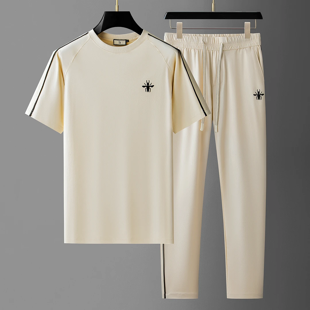 费韦戈摩夏季薄款速干抗皱冰丝两件套撞色拼接男士潮流运动套装