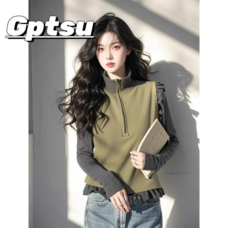 GPTSu韩版好看独特漂亮绿色立领卫衣外套女2025年春季小个子上衣