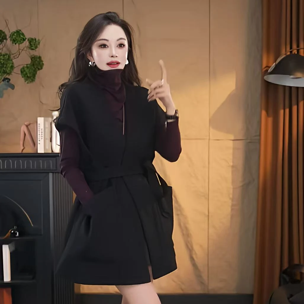 V领扎染女开襟系带休闲风短外套连帽韩版秋冬设计师马甲女士黑色