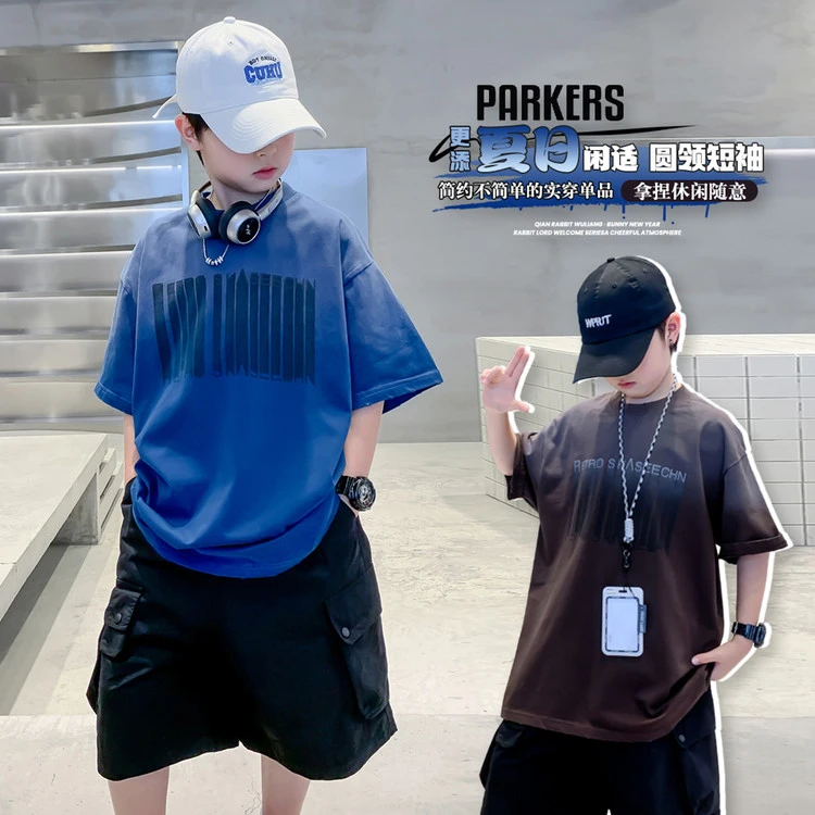 男童短袖T恤夏薄款中大童渐变字母时髦痞帅潮酷宽松儿童休闲半袖