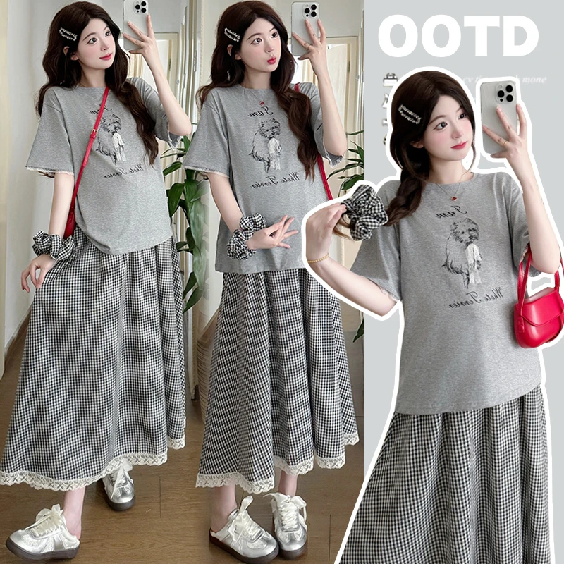 时髦孕妇装新款2025夏季韩系手工立体蝴蝶结拼接蕾丝T+格子阔腿裤