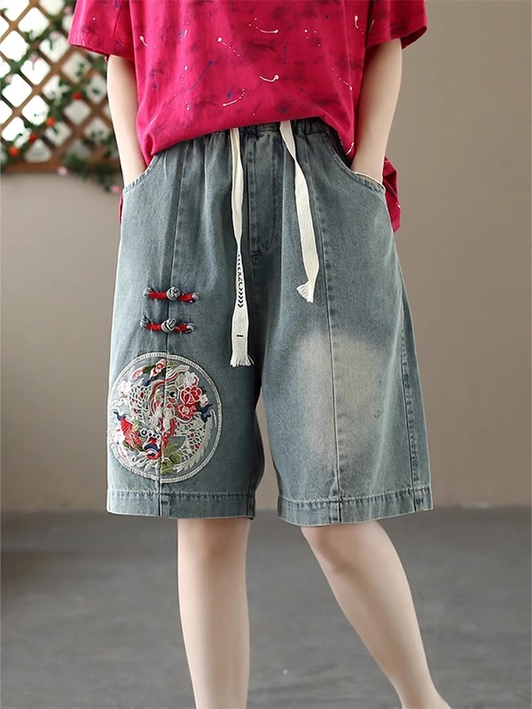 新中式国风盘扣刺绣五分裤薄款宽松牛仔裤女2025夏季新款休闲中裤