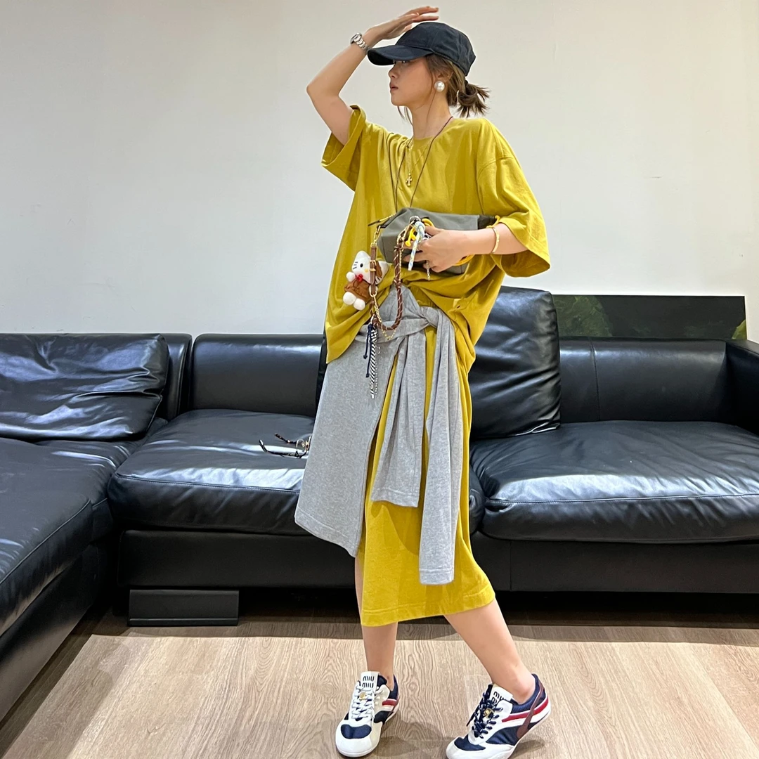 YOON深圳原创【悠闲派】不规则百搭假两件T恤绑带半裙加T恤套装