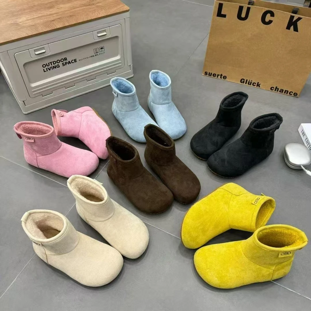 真皮糖果色大头短靴女平底加绒勃肯靴2025年冬季新款磨砂皮雪地靴