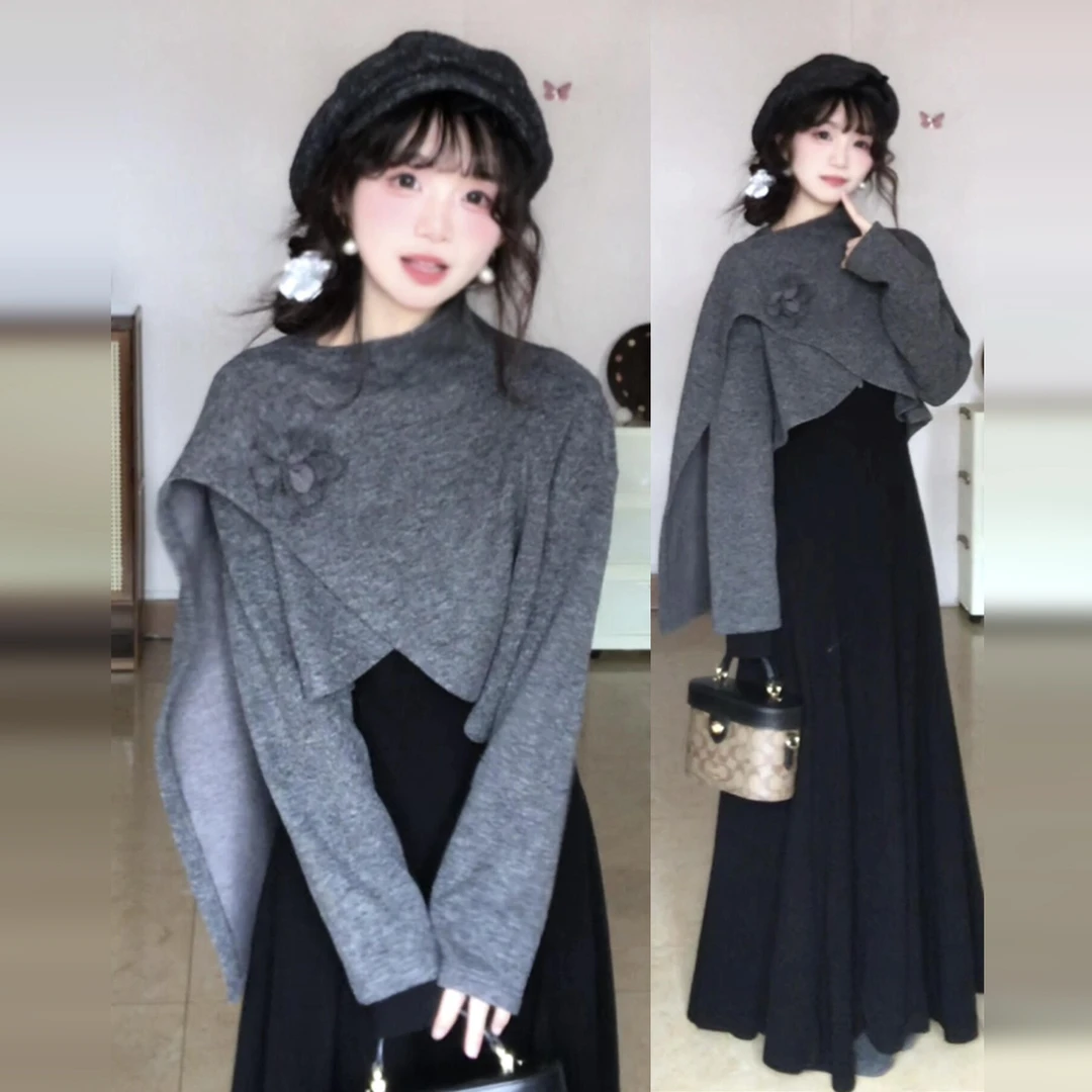 富家千金斗篷毛衣针织连衣裙女秋冬2026新款名媛小香风一整套长裙