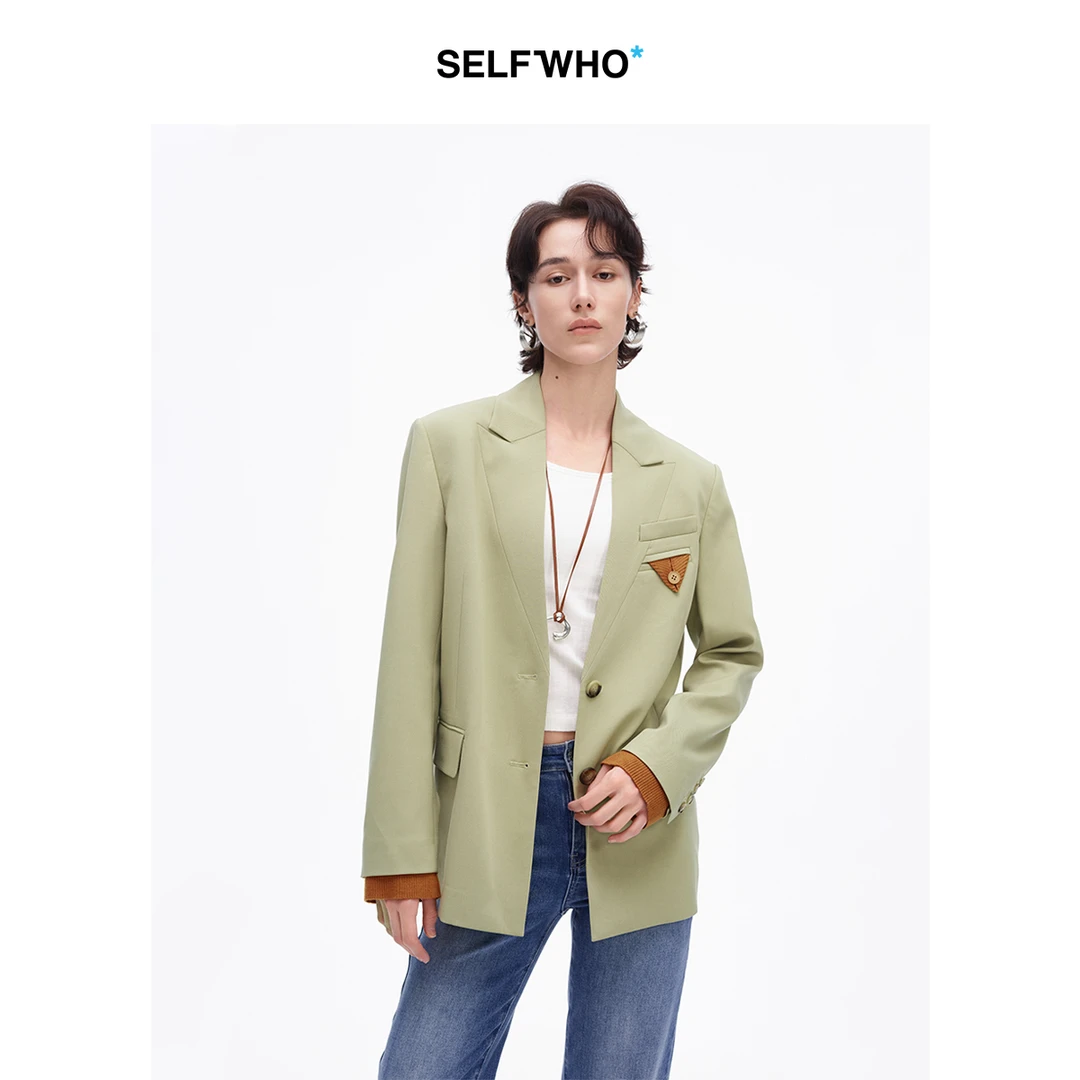 SELFWHO假两件绿色西装外套女2025春季新款复古通勤宽松撞色西服