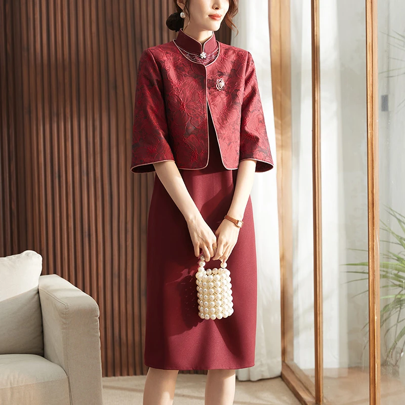 时尚妈妈洋气两件套连衣裙喜婆婆婚宴装贵夫人披肩婚礼高贵旗袍裙