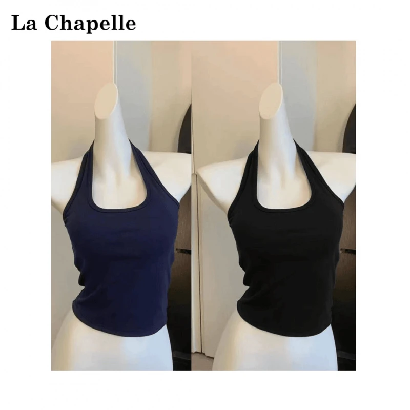 拉夏贝尔春夏季挂脖美背吊带背心女修身外穿内搭百搭打底无袖上衣