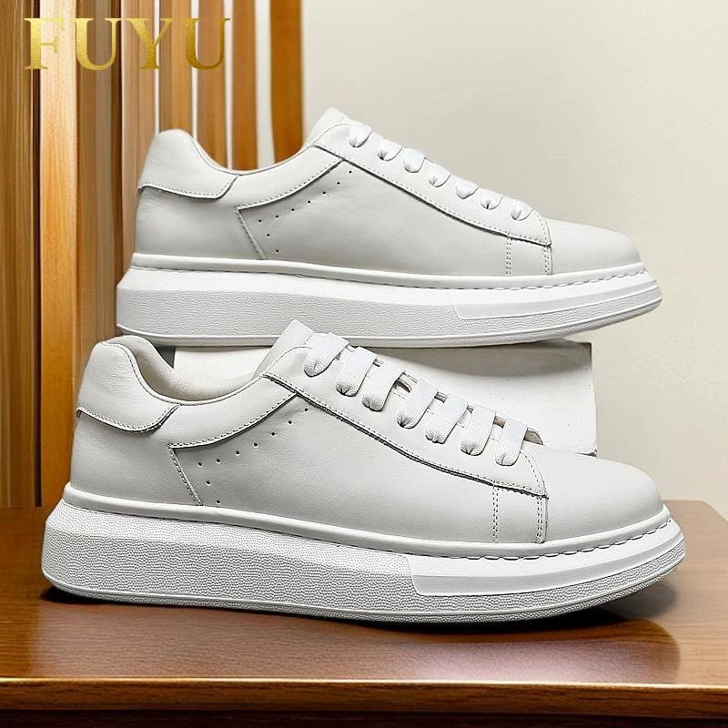 雷军同款头层牛皮小白鞋厚底内增高白色运动板鞋男士百搭休闲鞋