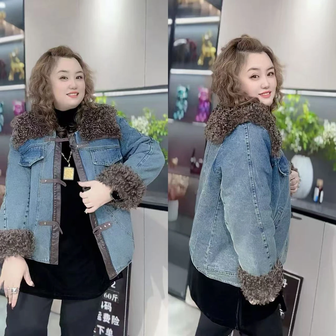 6098（丹姐家）羊羔毛披肩领加棉牛仔外套显瘦新款宽松大码女装