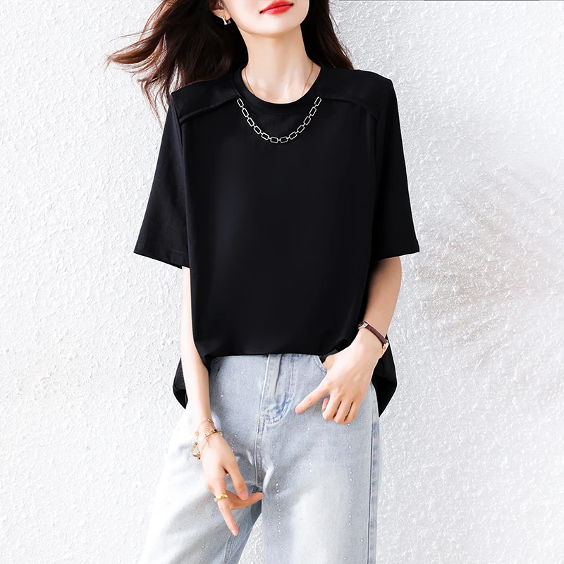 欧货链子垫肩显瘦气质百搭女士短袖T恤女夏大码时尚休闲百搭上衣