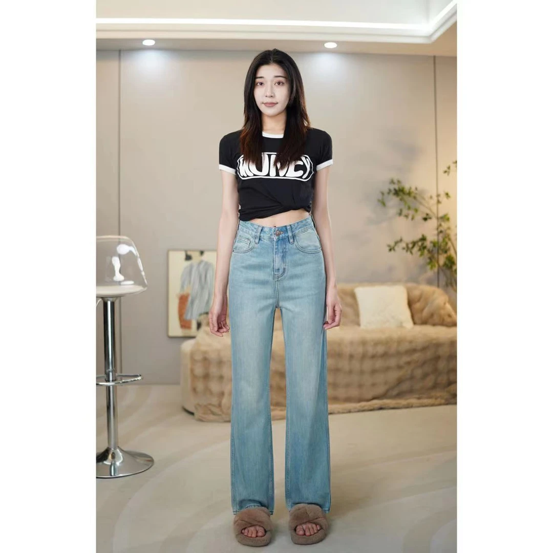 牛仔小夫妇【浅蓝阔腿裤】专柜高定面料-直筒阔腿牛仔裤8001