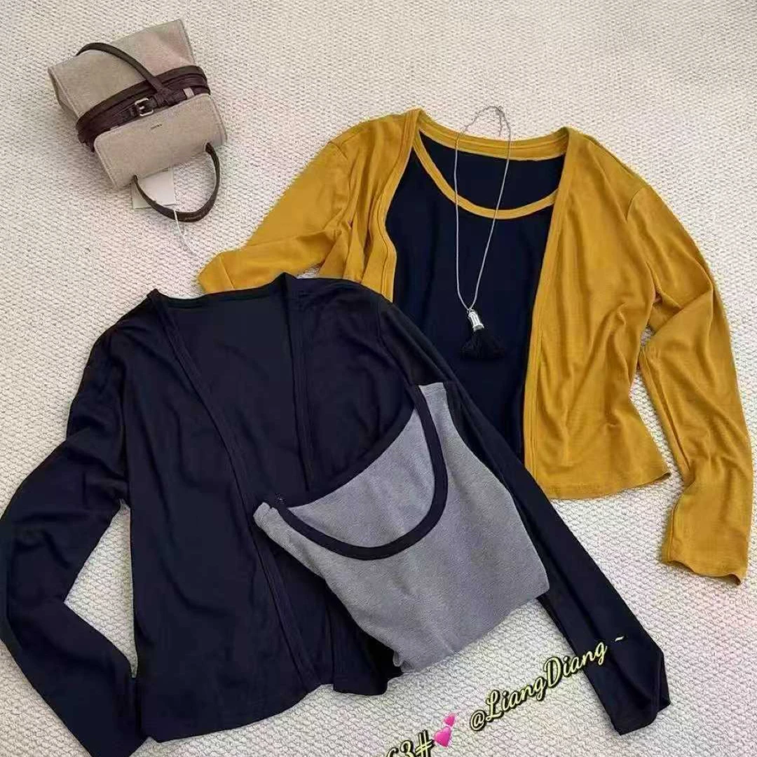 T恤无袖宽松型长袖女士常规款内搭打底衫套装染色