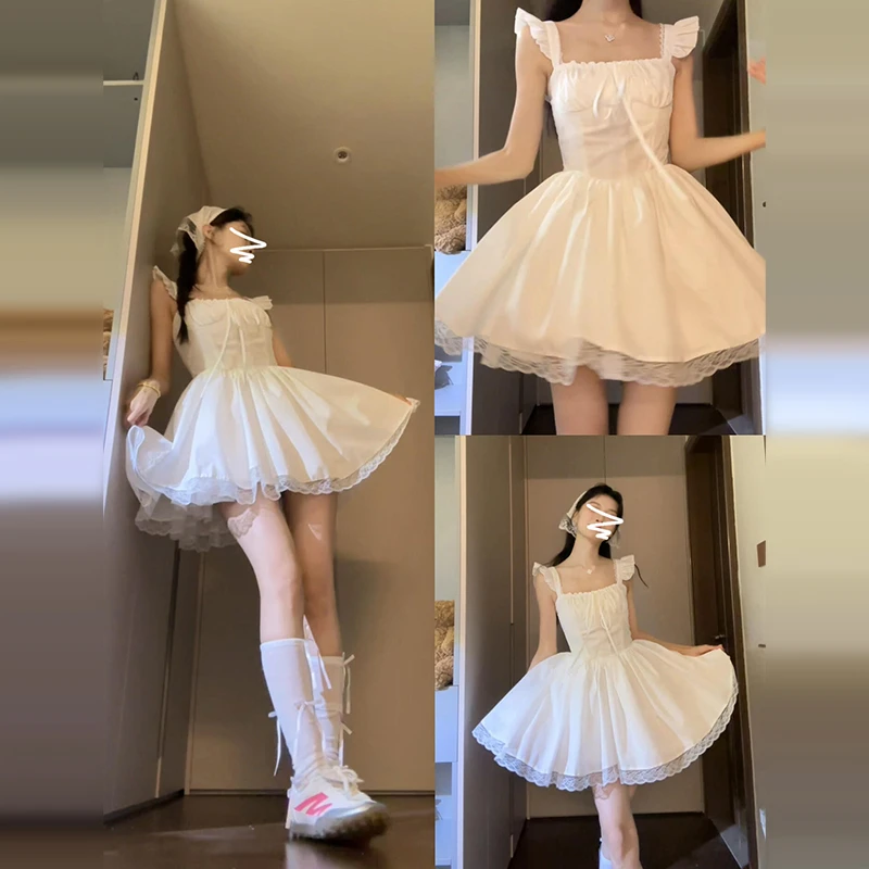 2025新款法式方领白色吊带连衣裙子女夏季收腰a字蓬蓬初恋小白裙