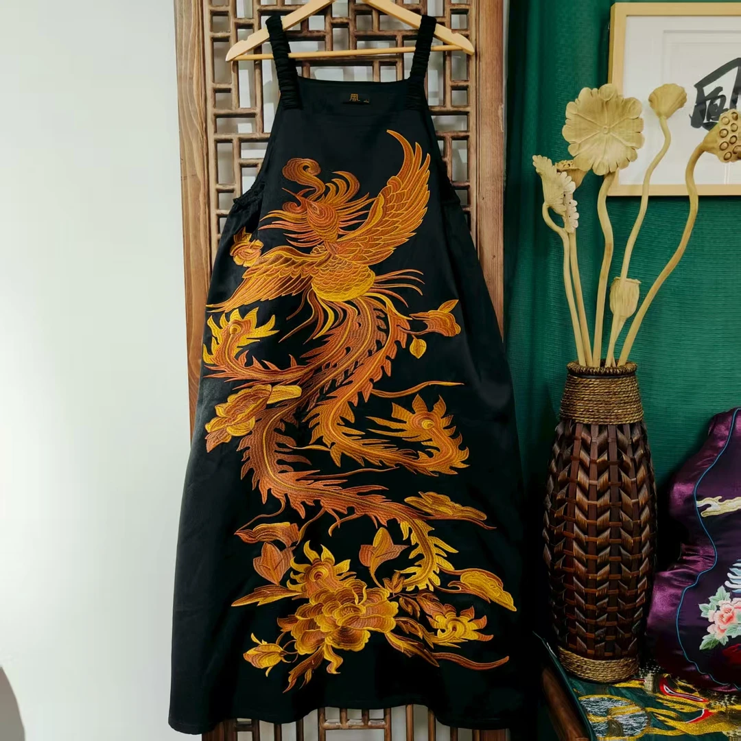 （LK110-19）凤徕兮私人定黑色光板底金黄凤凰刺绣背带裙