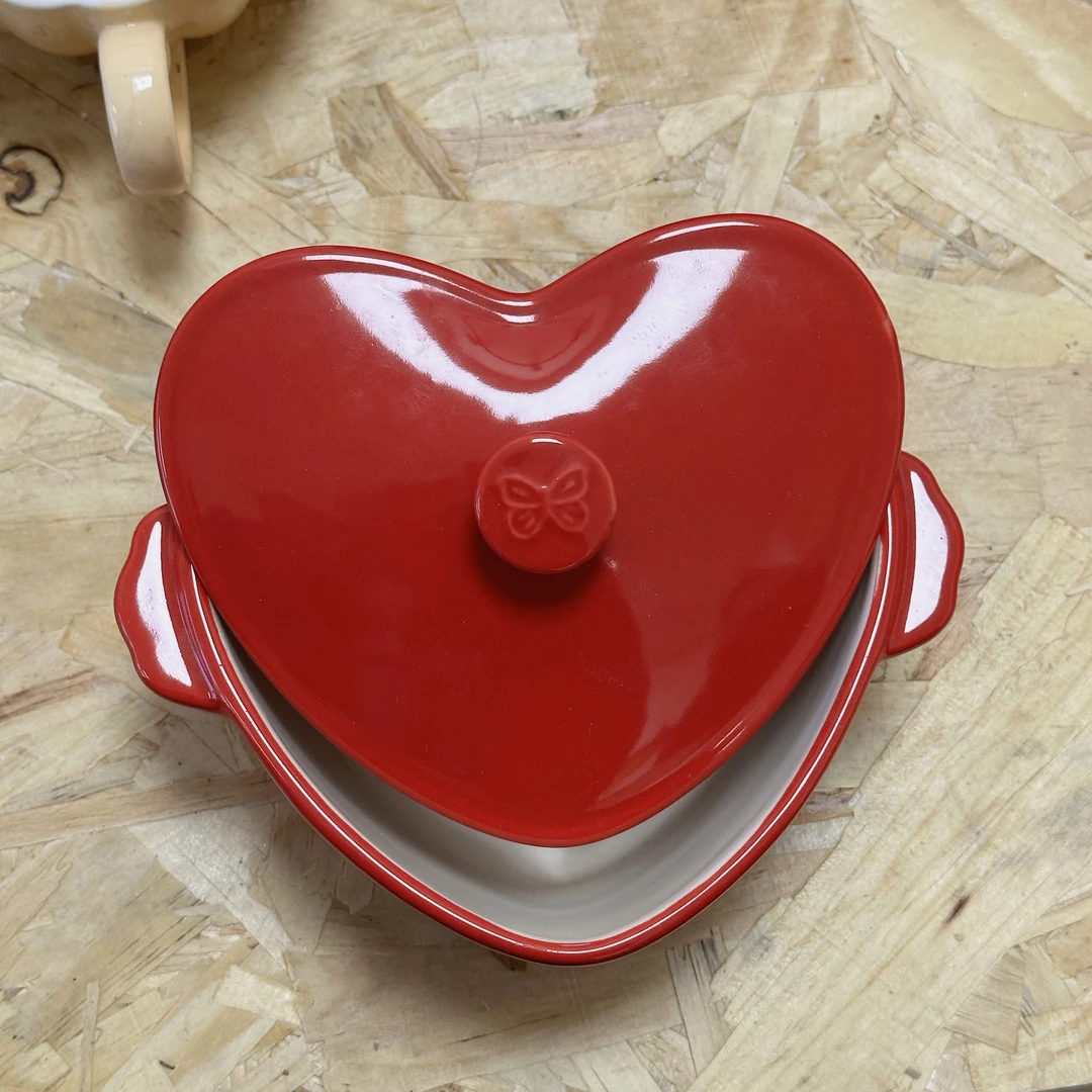 红色爱心小翅膀双耳蒸蛋带盖碗鸡蛋羹烤碗