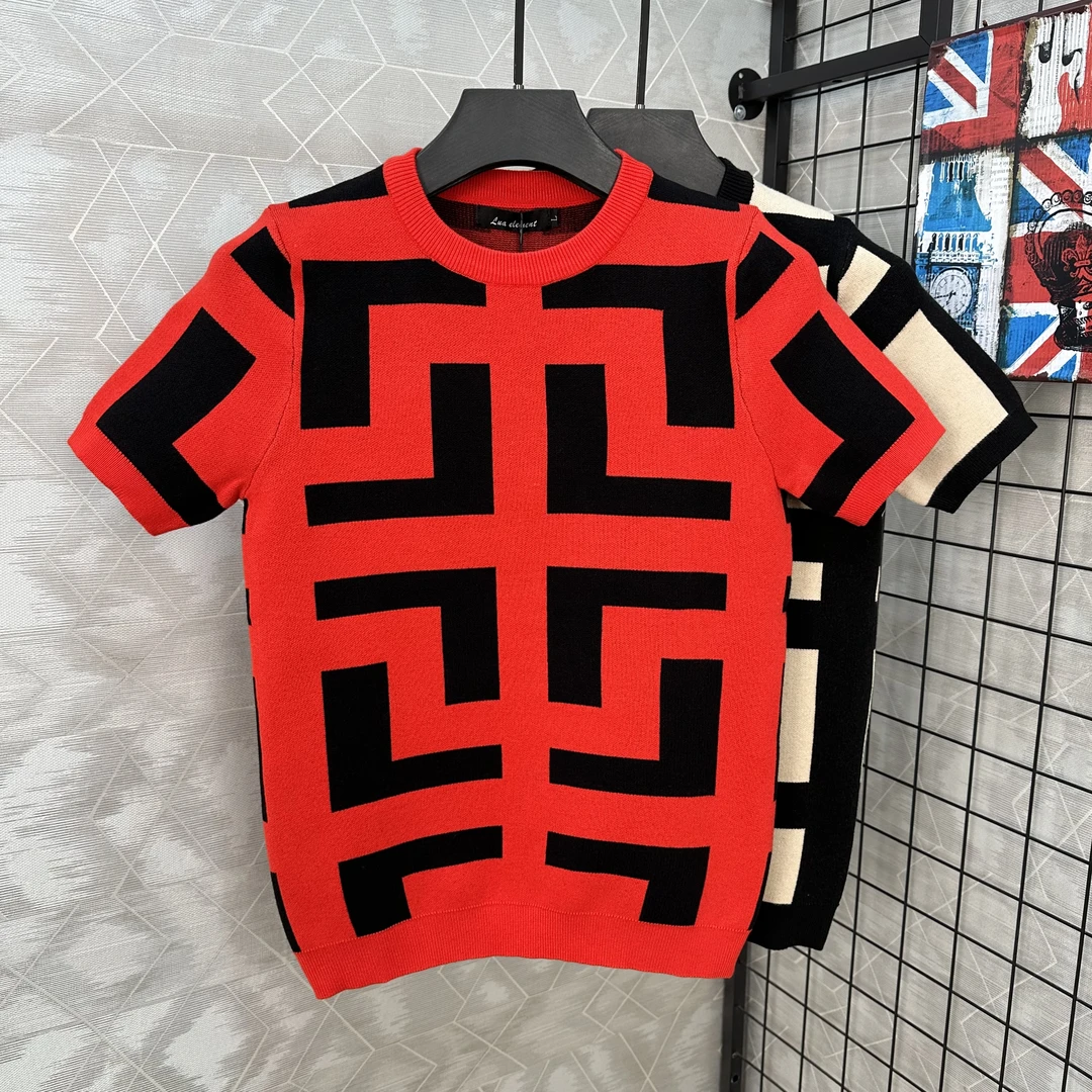 冬装新年款加厚短袖毛衣男针织衫红色提花毛衫圆领打底衫修身男