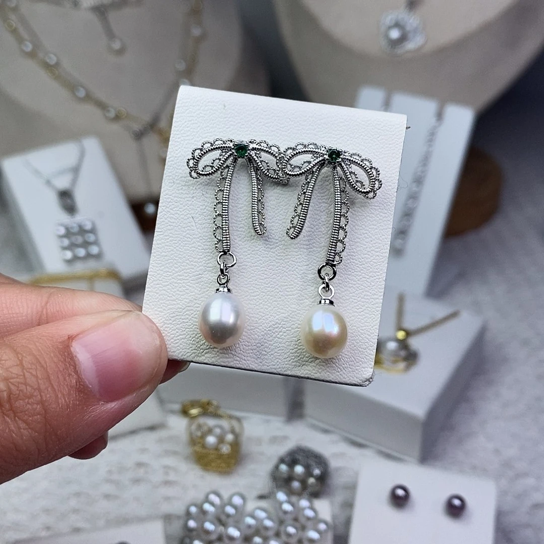耳饰银S925镶嵌淡水珍珠