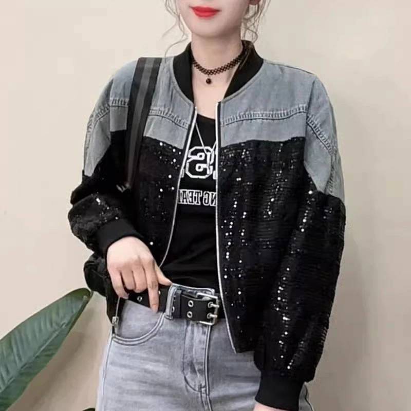 休闲牛仔外套女2025春季新款韩版时尚小众亮片拼接设计感夹克上衣