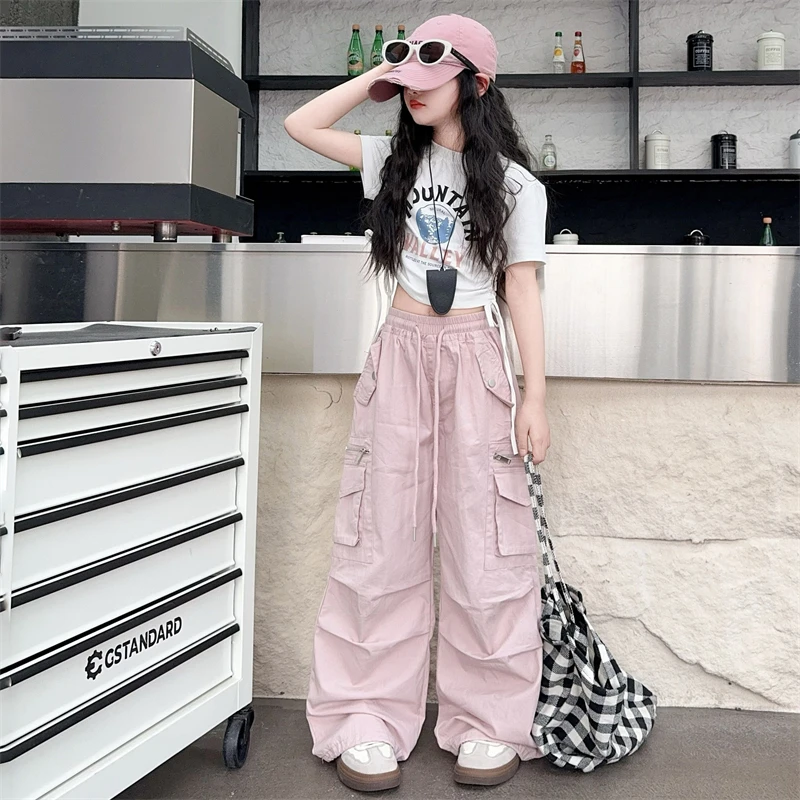 潮酷风女童工装裤子套装夏季3-15岁6炸街时尚儿童装短袖T恤两件套