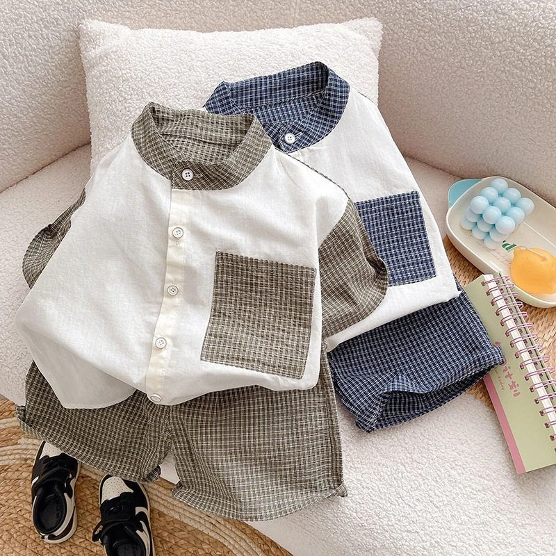 【安安家】男女童夏季新款韩版童装格子口袋中小童两件套短裤衣服