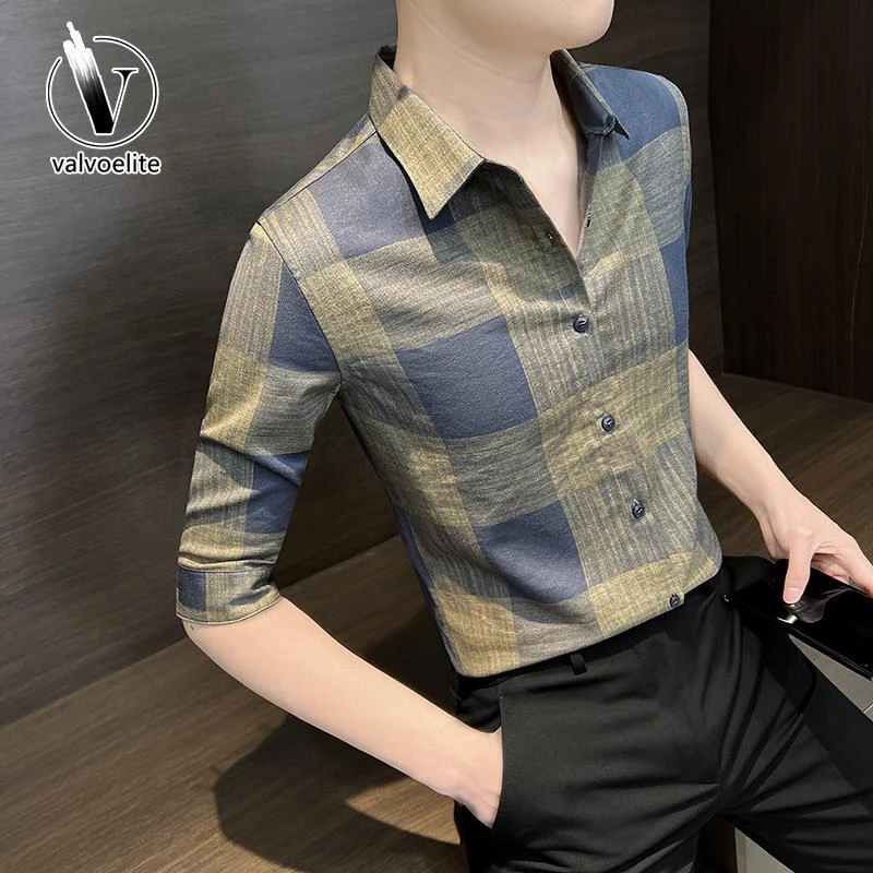 VALVOELITE男士格子衬衫短袖潮牌新款夏装高级感痞帅七分袖衬衣潮