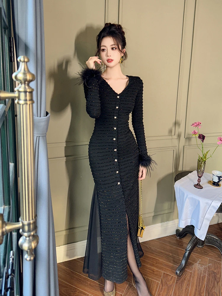 2026春季新款长袖纯色高贵法式性感聚会礼服气质连衣裙黑色时尚