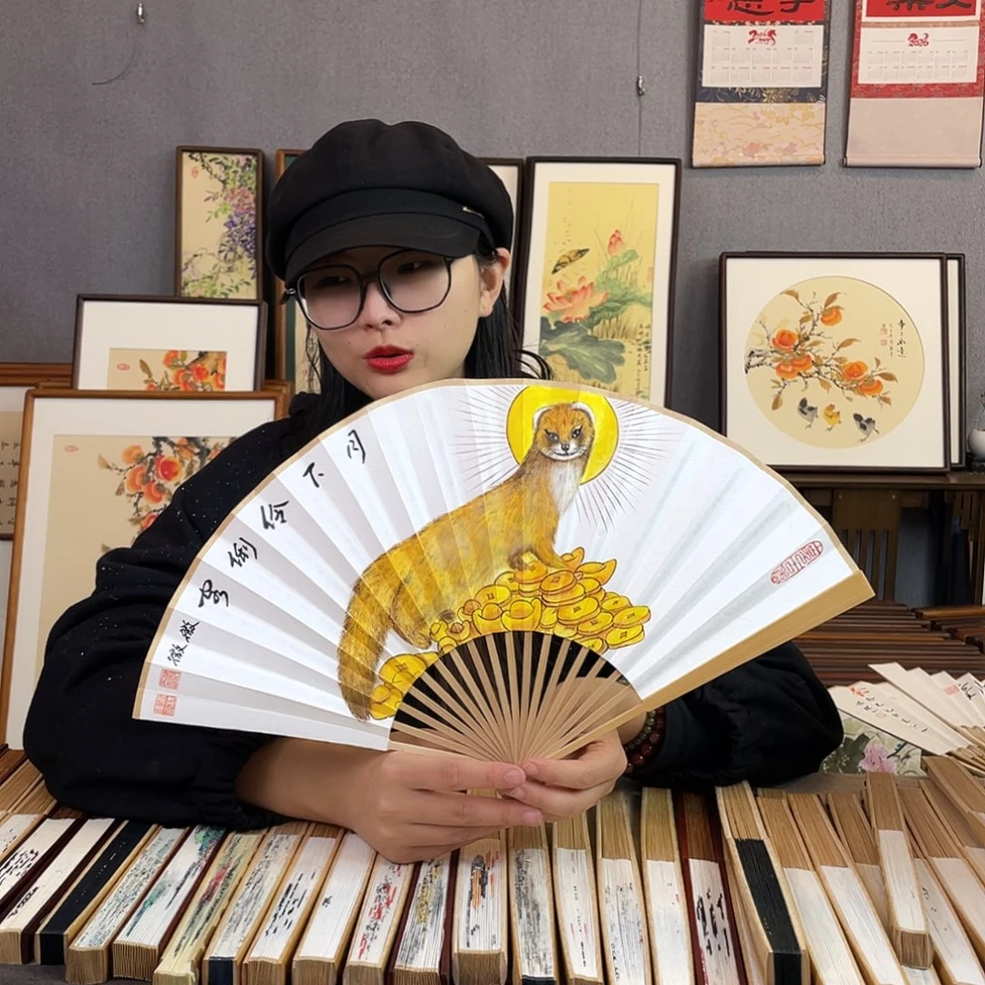 国画8寸玉竹-纯手绘-文玩扇骨（默认粘好）