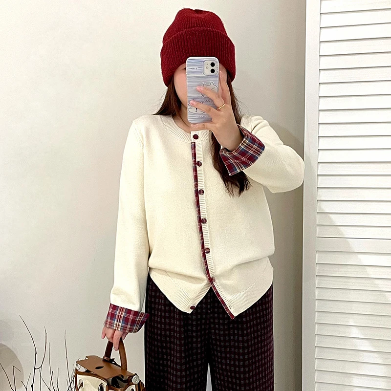 【涵胖胖】大码女装拼接外套女2025秋冬胖mm休闲针织开衫23383【B】