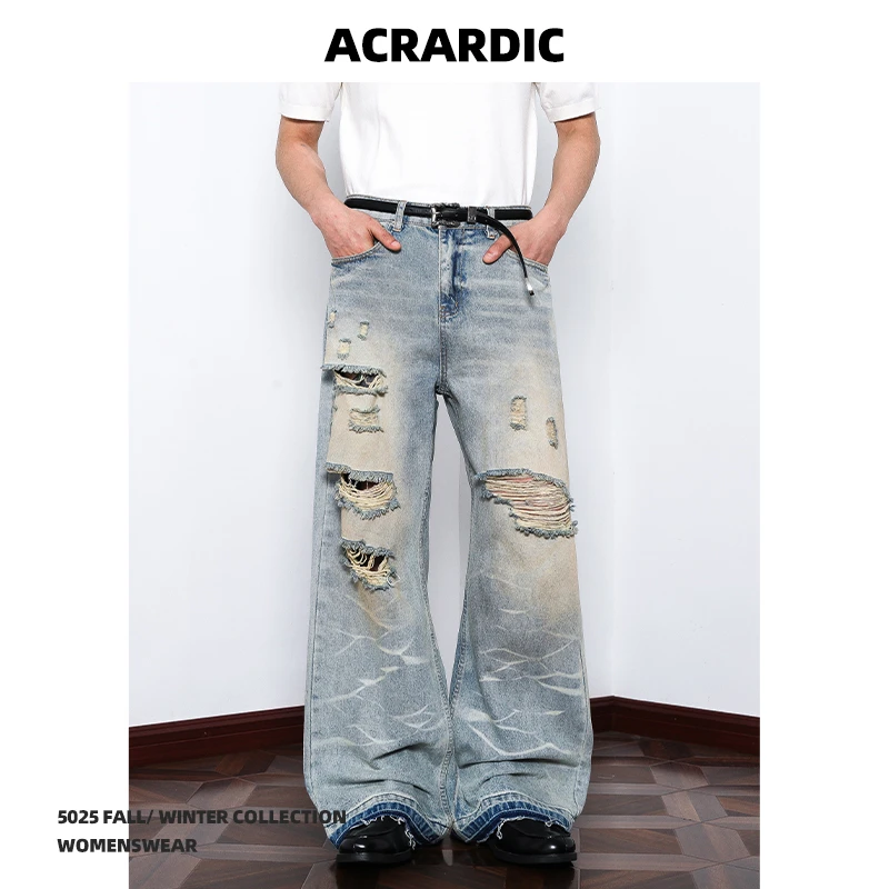 ACRARDIC高街破洞微喇牛仔裤男美式痞帅vibe水洗做旧直筒显瘦裤子