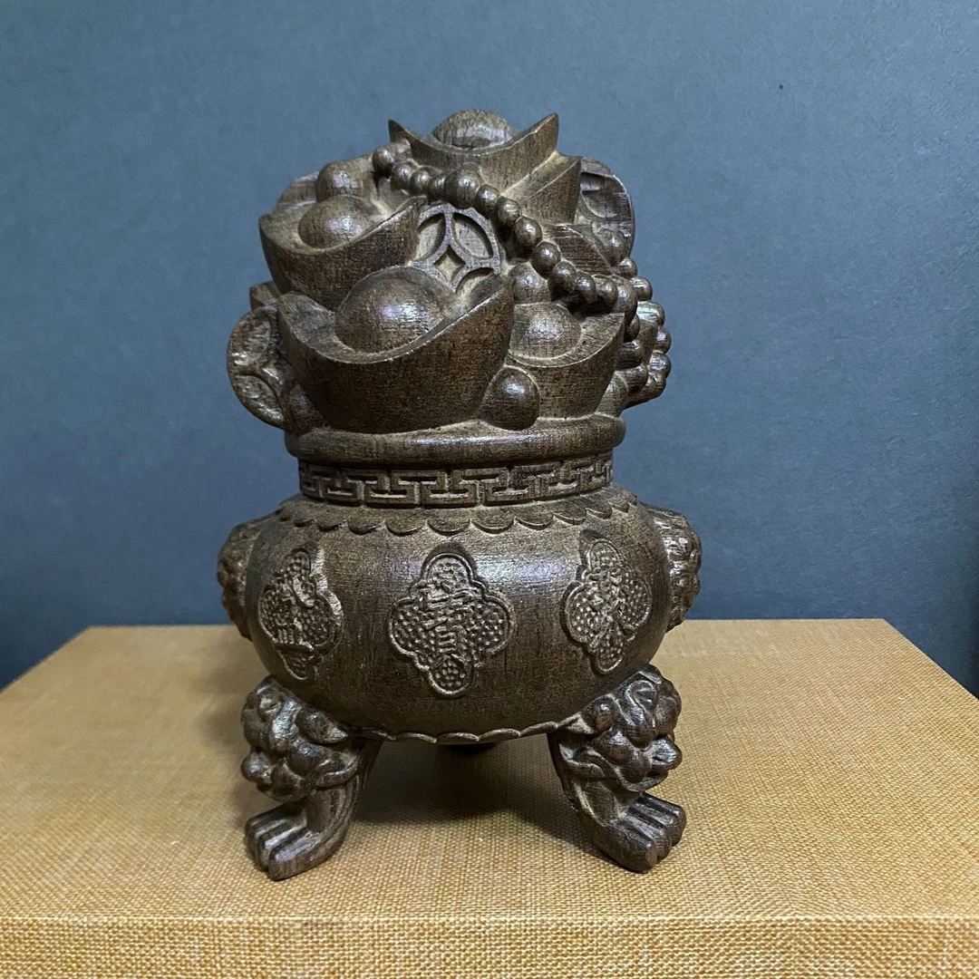 【聚宝盆创意】招财纳福木雕实木工艺品复古手工狮子摆件木香醇香