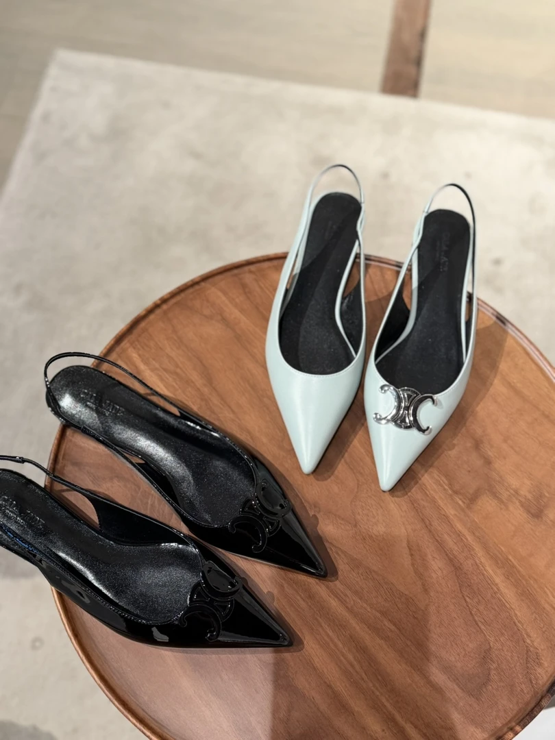 人生单鞋｜凯旋门尖头猫跟凉鞋金属扣真皮平底高跟鞋包头大码女鞋