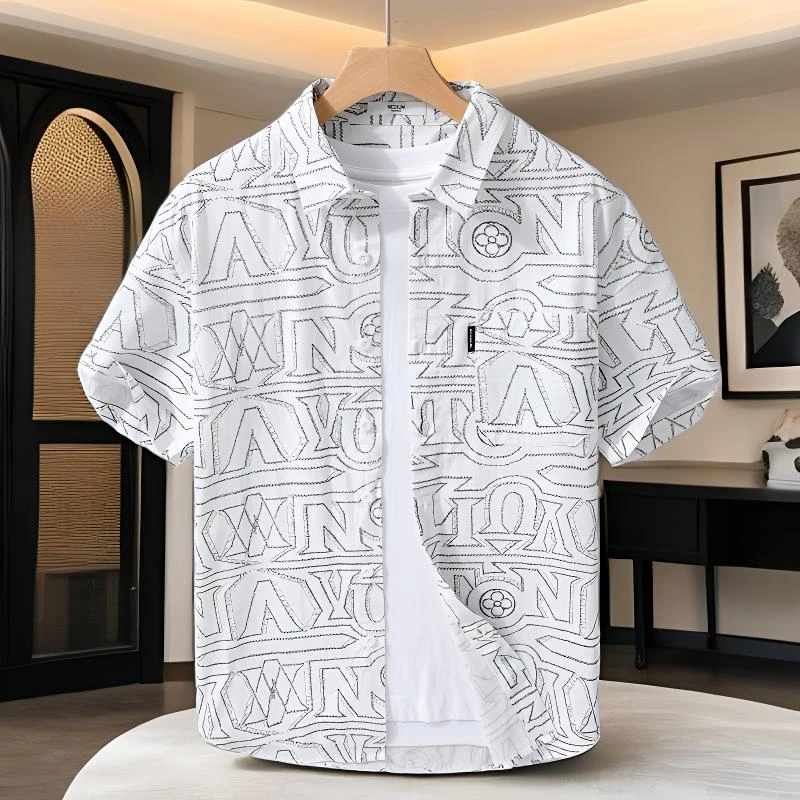 【100%纯棉】夏季潮流设计感印花百搭韩版短袖衬衫痞帅舒适休闲衬衣