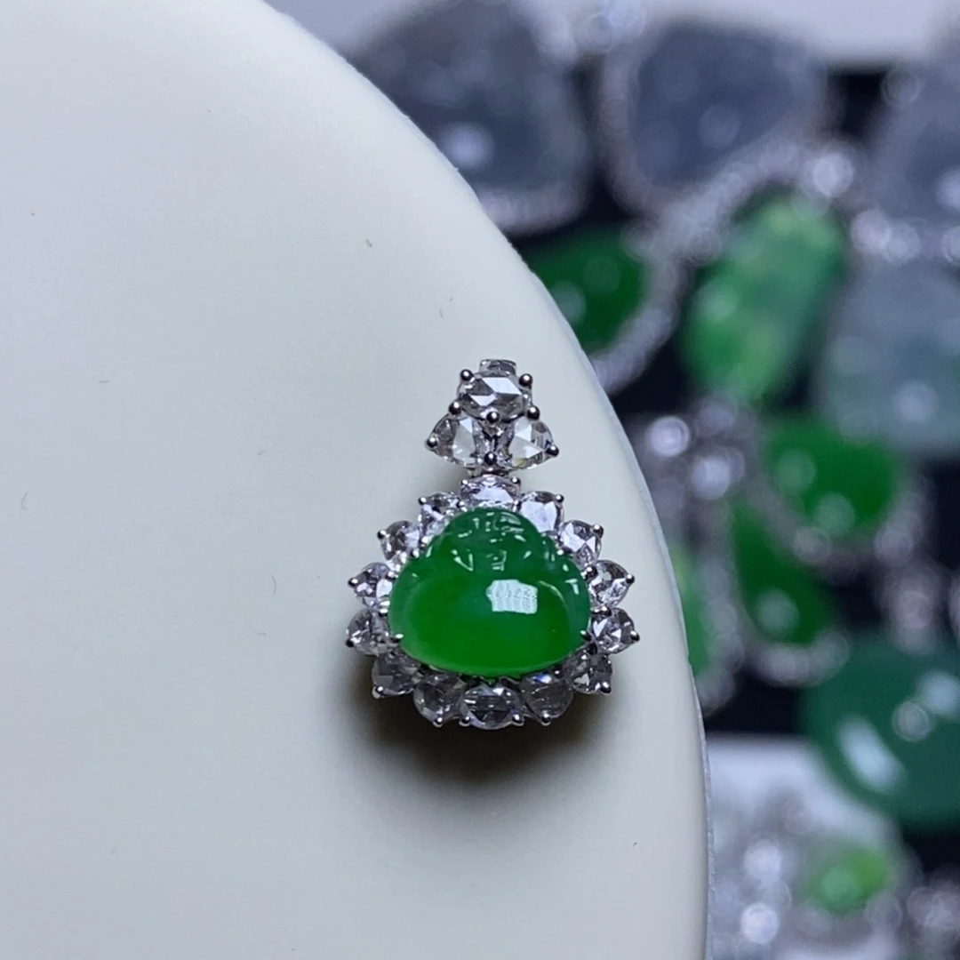 翡翠18K金镶嵌吊坠(不含链)阳绿小佛