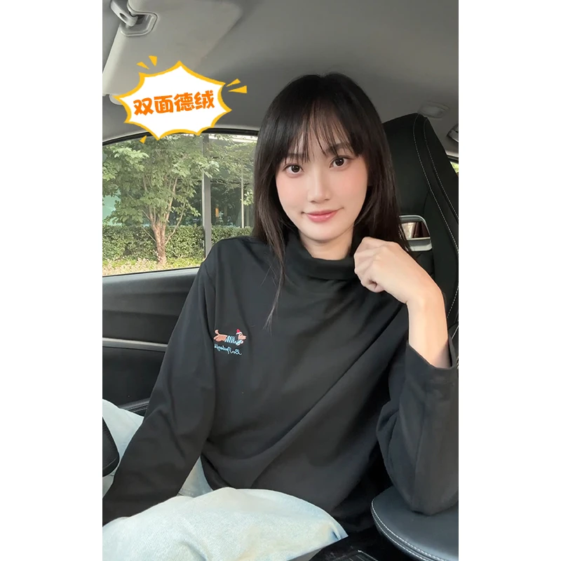 腊肠狗刺绣打底衫男秋季新款美式复古德绒t恤半高领宽松圆领卫衣