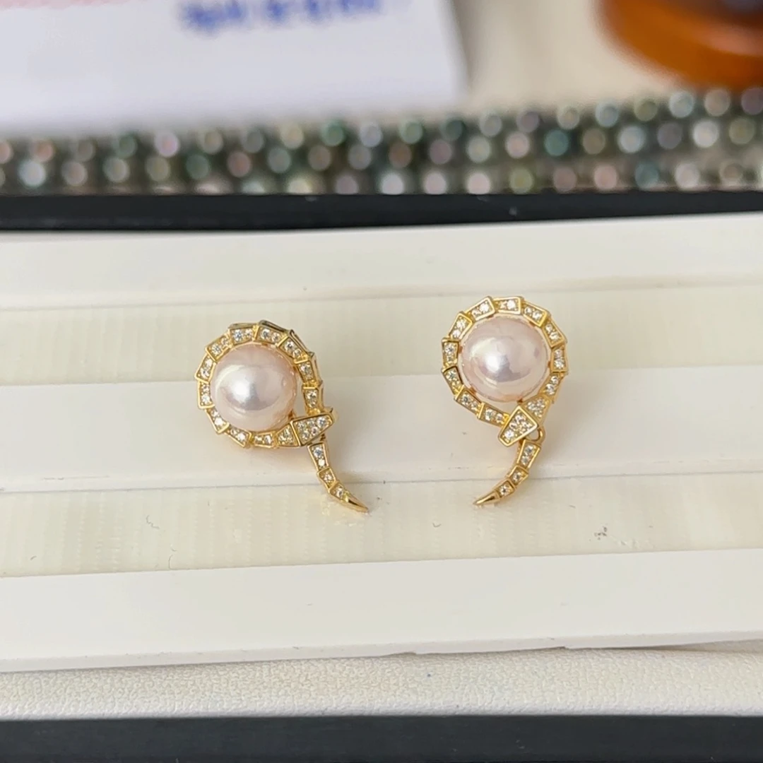 海水珍珠耳饰银S925镶嵌Ak耳钉8-8.5mm可定制爱