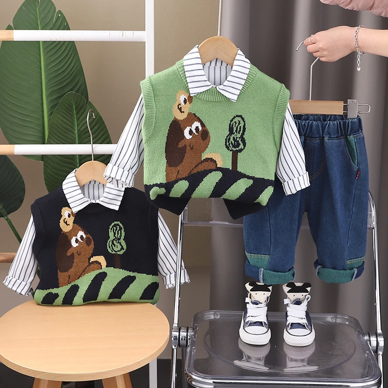 春秋套装1-2-3-4岁小通卡通新款毛衣马甲6-12个月男宝宝衬衫三件