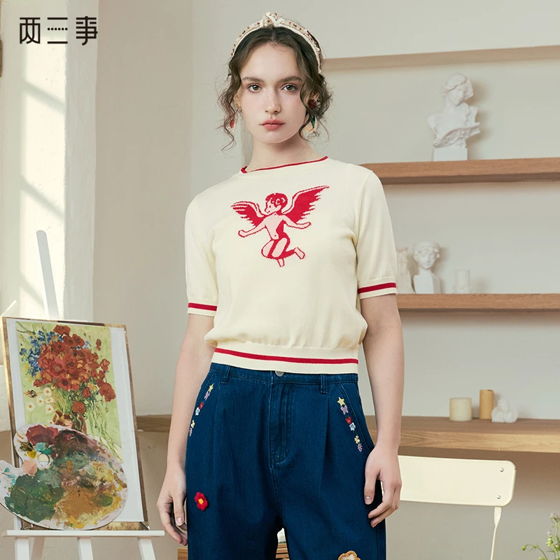 两三事月光天使可爱天使图案收腰短款针织衫