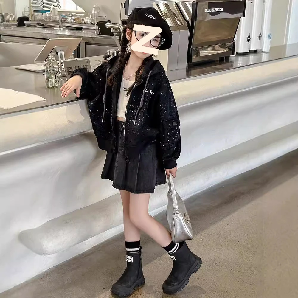 女童洋气满天星亮闪闪外套2025潮款中大童洋气时髦女孩拉链开衫潮
