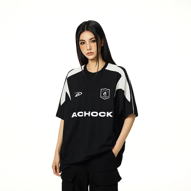 【Achock官方店】美式休闲基础拼接撞色圆领t恤男街头五分袖短袖