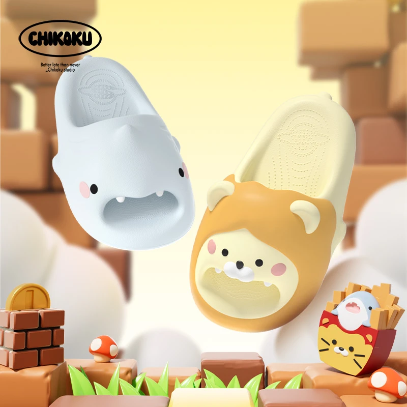 chikoku夏新款左狮子右鲨鱼凉拖鞋女居家外穿可爱情侣一字拖男夏