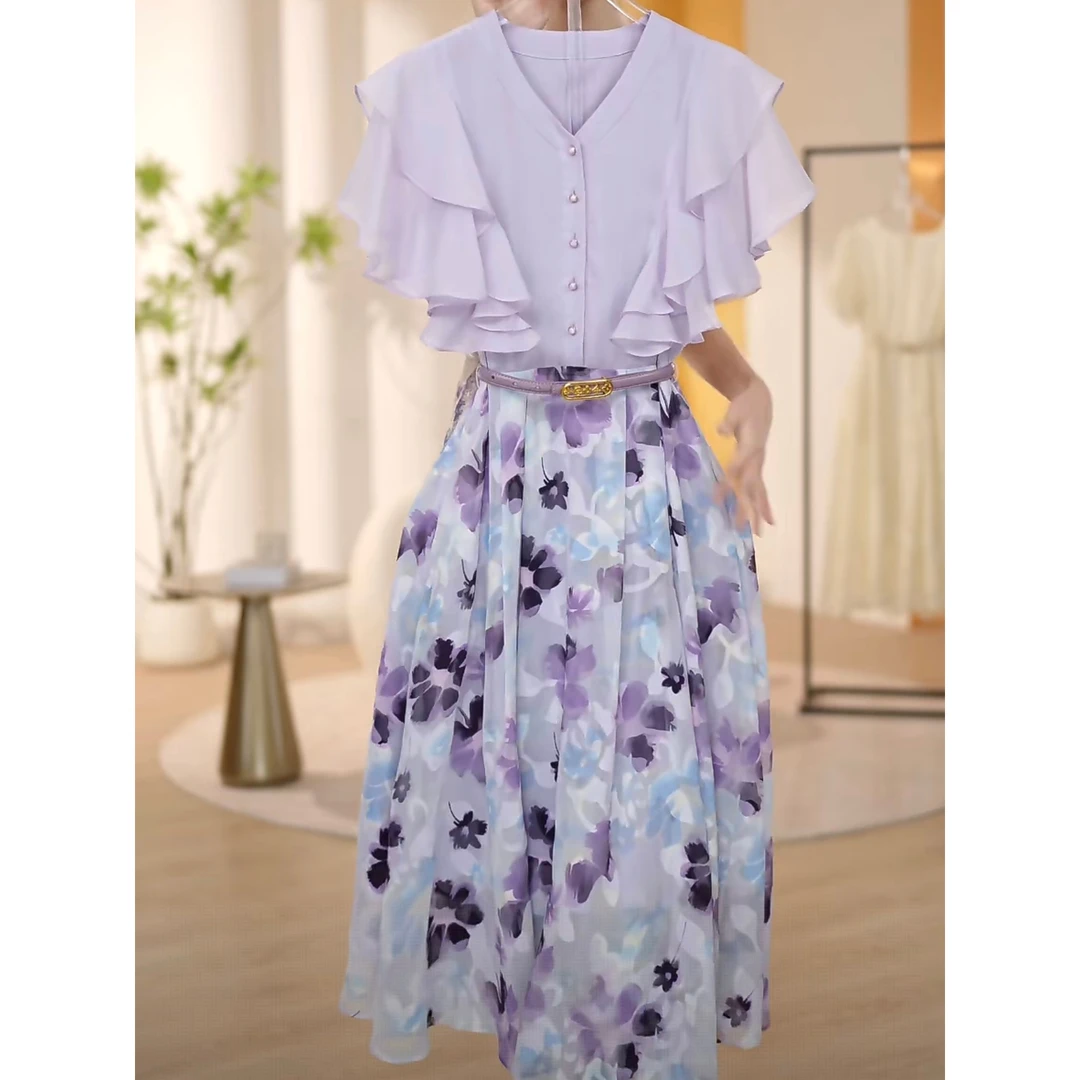 2025夏季新款法式丁香紫荷叶边V领优雅气质连衣裙