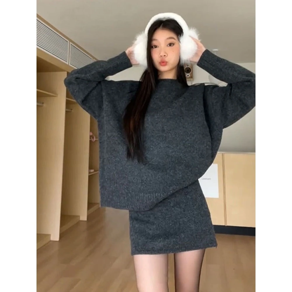 灰色针织套装连衣裙子女2025新款秋季韩系氛围穿搭一整套装短裙子