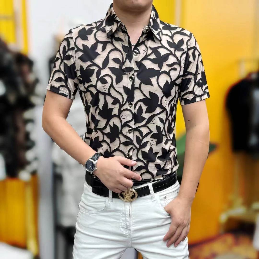 2665夏季新款时尚男士冰丝修身提花短袖衬衫