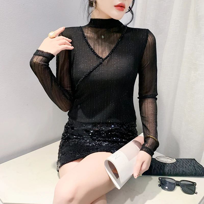 新款气质8027手工钉珠显瘦长袖洋气时尚百搭性感修身薄款半高领