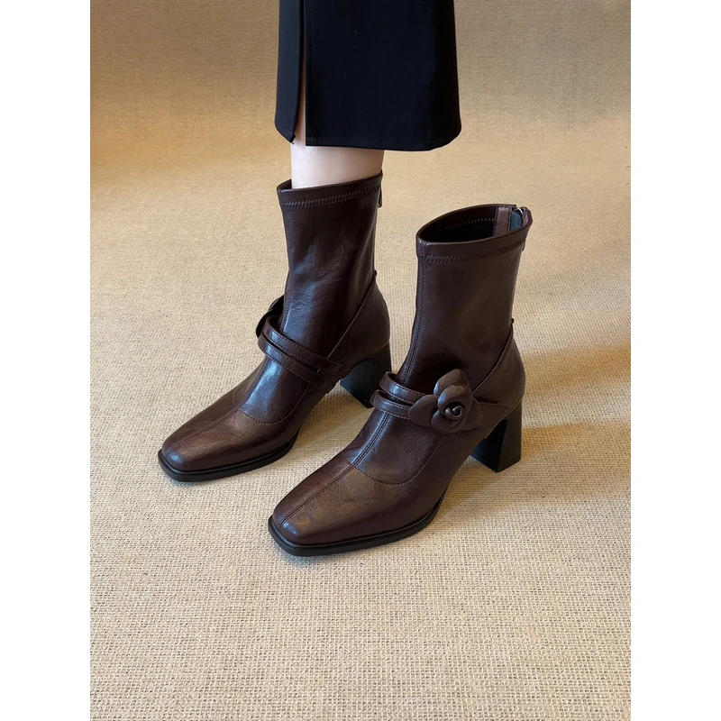 nnmiss·34-40/7cm法式复古方头花朵后拉链短筒粗跟百搭弹力瘦瘦靴