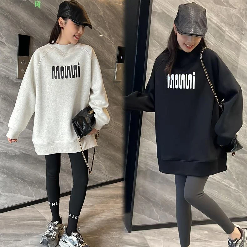 慵懒风中长款圆领加绒卫衣女秋冬2025新款宽松设计感长袖上衣